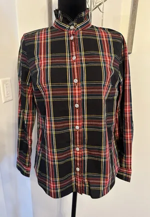 J. CREW Red Tartan Plaid Ruffle Blouse SizeSmall Jeweled ButtonUp Shirt Holiday thumbnail 1