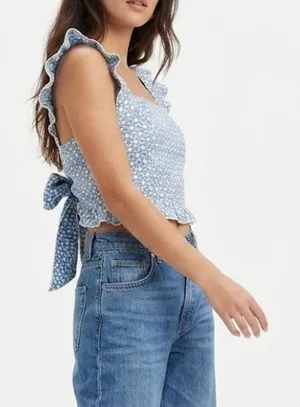 Kirious Blue Floral Eyelet Tie Back Crop Top Tank Top XS Cottagecore Top thumbnail 1
