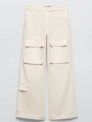 Zara Blogger Favorite Ecru Wide Leg Cargo Jeans Pants Size M thumbnail 2