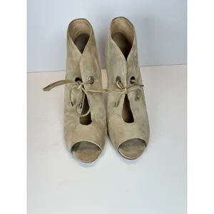 Badgley Mischka Peep Toe Booties Women 8 Taupe Suede Lace Up Stiletto Heel thumbnail 2