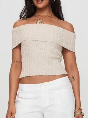 Princess Polly Murmur Off Shoulder Knit Top Beige thumbnail 1