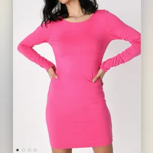 NWT Lulus Comeback Baby Hot Pink Long Sleeve Knit Dress‎ LARGE thumbnail 3