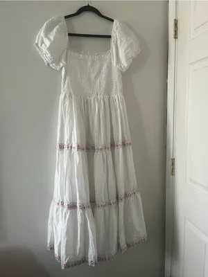Rachel Zoe White 100% Cotton Tiered Maxi Dress 4 Floral Embroidered Cottagecore thumbnail 7