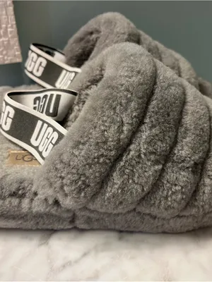 UGG Plush Quilted Gray Fluff Slide with Branded Strap thumbnail 3