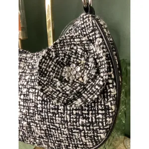 Black White Tweed Flower Rhinestone Shoulder Bag Hobo Purse with Scarf Accessory thumbnail 3
