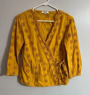 Madewell Mustard Yellow Eyelet Faux Wrap Shirt Size Small thumbnail 10