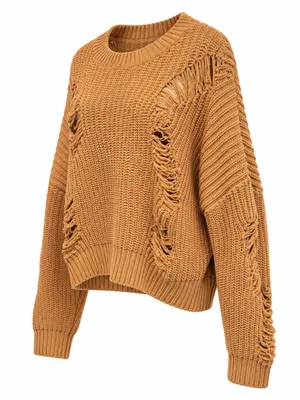 POL Camel Distressed Oversized Chunky Knit Sweater Boho Cropped Pullover Medium thumbnail 2