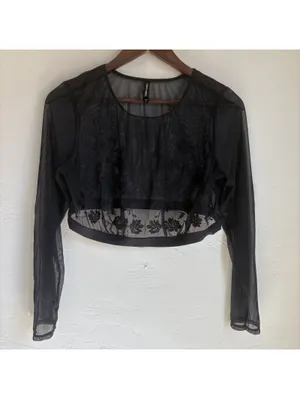 Torrid Curve Womens 1 1X Black Sheer Mesh Floral Embroidered Top Long Sleeve thumbnail 3