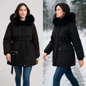 NEW with tags - Black Puffer Parka w/ Detachable Faux Fur Lining + Cinch Waist thumbnail 2