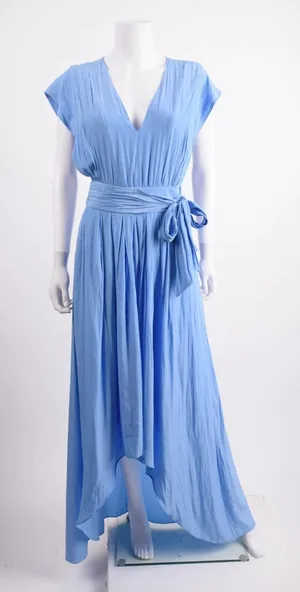 Ramy Brook Maxi Dress Womens 6‎ Blue Belted High Low Pleated Fairy Rebecca Satin thumbnail 1