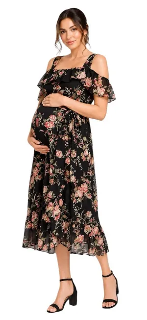 ASOS - NWT Maternity Floral Ruffle Midi Dress Black Pink Size US 8 thumbnail 1