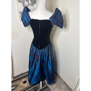 VTG 80s Blossoms by Loralie Dress Velvet Blue Iridescent Taffeta Prom Gown thumbnail 4