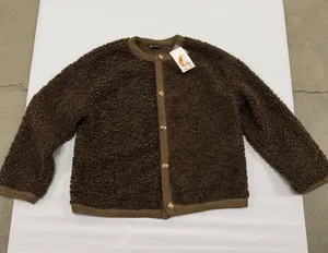 PrettyGarden Brown Sherpa Fleece Cardigan Gold Button Knit Trim Jacket Size L thumbnail 1
