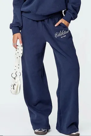 Edikted Navy Blue Wide Leg Baggy Sweatpants Logo Fleece Pants Women Large thumbnail 1