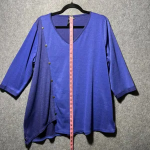 Focus Asymmetrical Button Accent‎ Top Blue Purple V Neck L Tunic 3/4 Sleeve thumbnail 4