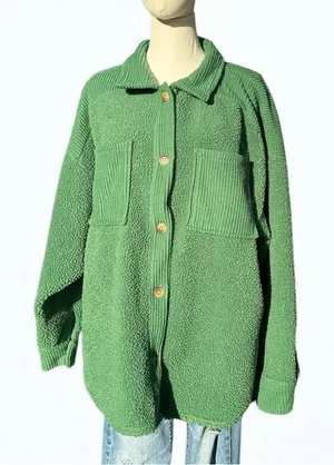 American Eagle Teddy Shacket Jacket Women’s L Green Button Front Cozy Overshirt thumbnail 1