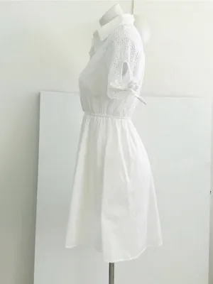 NEW Monteau White Eyelet Midi Dress buttons SMALL tie sleeve cottage womens thumbnail 4