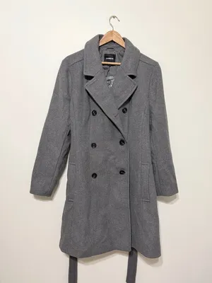 NWT Express Grey Pea Coat Size XL Wool Long Gray Tie NEW Women’s thumbnail 2