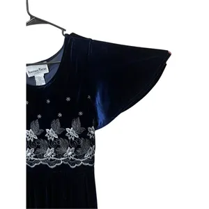 Vintage Another‎ Thyme Blue Velvet Maxi Dress Embroidered Flowers Size 10 thumbnail 3