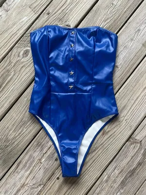Dolls Kill Trickz N Treatz Women's Blue Vinyl Strapless Bodysuit Size S. NEW! thumbnail 1