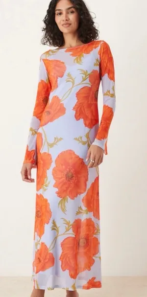 Never Fully Dressed Long Blue & Orange Floral Long Sleeve Dress thumbnail 1