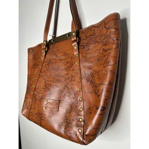 PATRICIA NASH Brown Leather Benvenuto Italy Map Antique Brass Tote Shoulder Bag thumbnail 3
