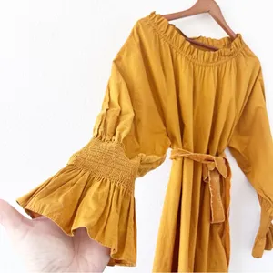 DOEN Miro Golden Hour Mustard Smocked Neck Waist Tie Boho Cottagecore Mini Dress thumbnail 5
