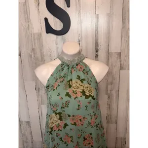 Love Chesley Mint Floral Halter Dress Flowy Sleeveless Mini Size S thumbnail 2