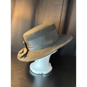 Vintage Black 100% Wool Boater Hat Made in USA Grosgrain Ribbon Bow WPL 4384 thumbnail 4