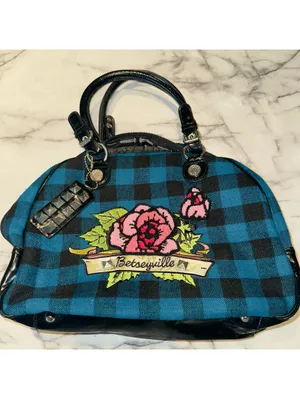 NWT Y2K Betsy Johnson Blue Plaid Bowler Handbag Bag Satchel Rockabilly Pin Up thumbnail 3