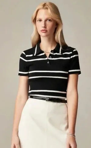 J. Crew Black White Striped Cotton Polo Top thumbnail 1