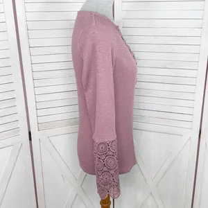 Ribbed Knit Lace Cuff Long Sleeve Henley Shirt‎ Mauve Dusty Rose Size Large thumbnail 4