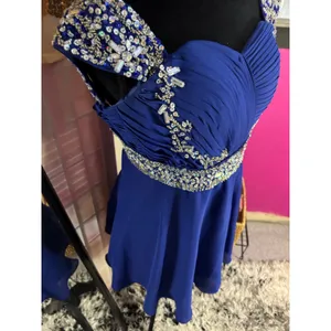 Royal Blue Rhinestone Embellished Chiffon Cocktail Homecoming‎ Dress Cap Sleeve thumbnail 6