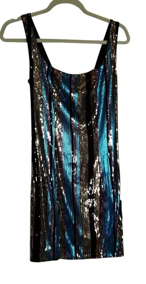 NWT Lulus Just Your Stripe Blue and Gold Sequin‎ Bodycon Mini Dress Size XS thumbnail 1