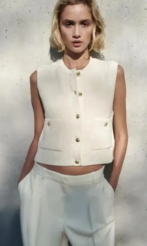 Commense Preppy Minimalist Cream Casual Knit Button Front Top NWT M thumbnail 1
