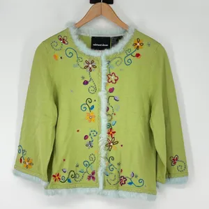 Michael‎ Simon Embroidered Floral Cardigan Fur Trim Green L Vintage thumbnail 1