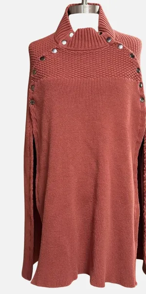 GILI M/L Cape Sweater Terracotta Orange Mock Neck Snap Button Poncho Fall‎ Cozy thumbnail 1