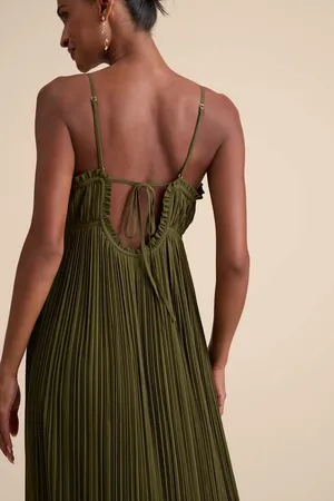 New Lulus Delina Olive Plisse Chiffon Tie-Back Maxi Dress Size Small thumbnail 6
