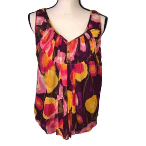 August Silk Mesh Top Size L Abstract Floral Red Purple Y2K Buttons Tank Babydoll Flowy Cool thumbnail 2
