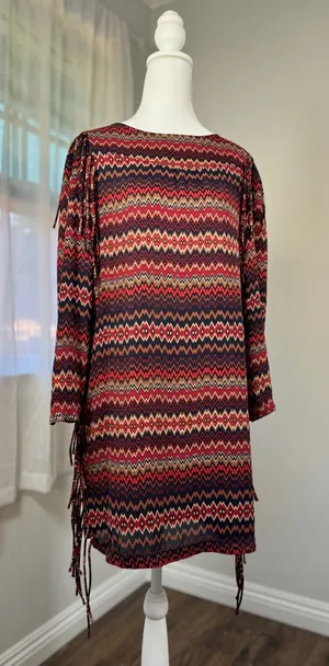 Zara Multicolored Zigzag Print Fringed Long Sleeve Midi Dress thumbnail 1