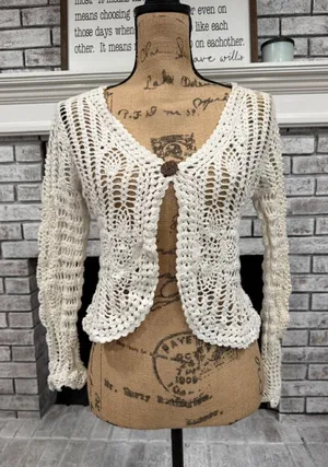 Carolyn Taylor Crochet Cardigan Womens XL Cream Button Shrug‎ Cottagecore Boho thumbnail 1