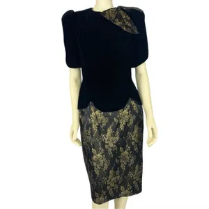 Vintage 1980s Scott McClintock Black Velvet Gold Brocade Dress Open Back S/M thumbnail 3