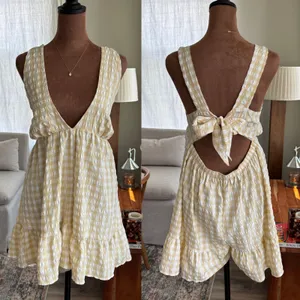 PrettyLittleThing Yellow Gingham Plunging Romper Skort Ruffle Preppy Summer US 6 thumbnail 2