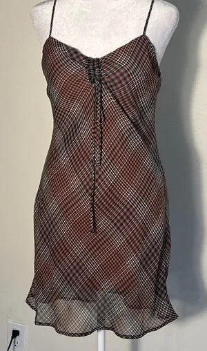 Urban Outfitters Plaid Mesh Mini Slip Dress Brown Mauve Ruched Bust Size M thumbnail 1