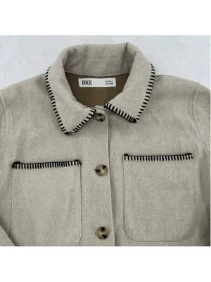 BKE Tan Felt Shacket Black Stitching Western Boho Jacket Button Front Sz Small thumbnail 4