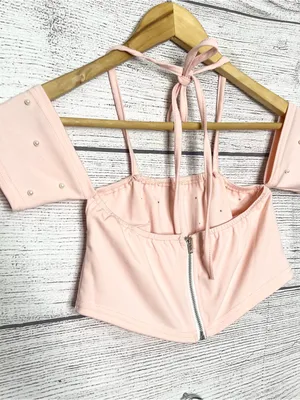 Pink Pearl Two-Piece Set Embellished Off Shoulder Crop Top & Shorts Size Small thumbnail 11