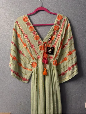 Embroidered V-Neck Maxi Dress in Light Green with Orange Accents thumbnail 2
