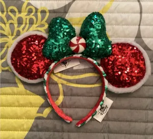 NWOT Disney Parks Holiday Peppermint Twist Sequins Red Green Ear Headband thumbnail 1
