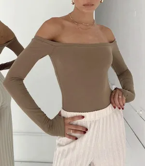 Princess Polly Women’s Size 2 Tan Brown Off The Shoulder Long Sleeve Bodysuit thumbnail 1