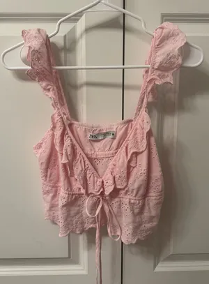 ZARA Pink Eyelet Ruffle Tie Front Crop Blouse Top small thumbnail 1